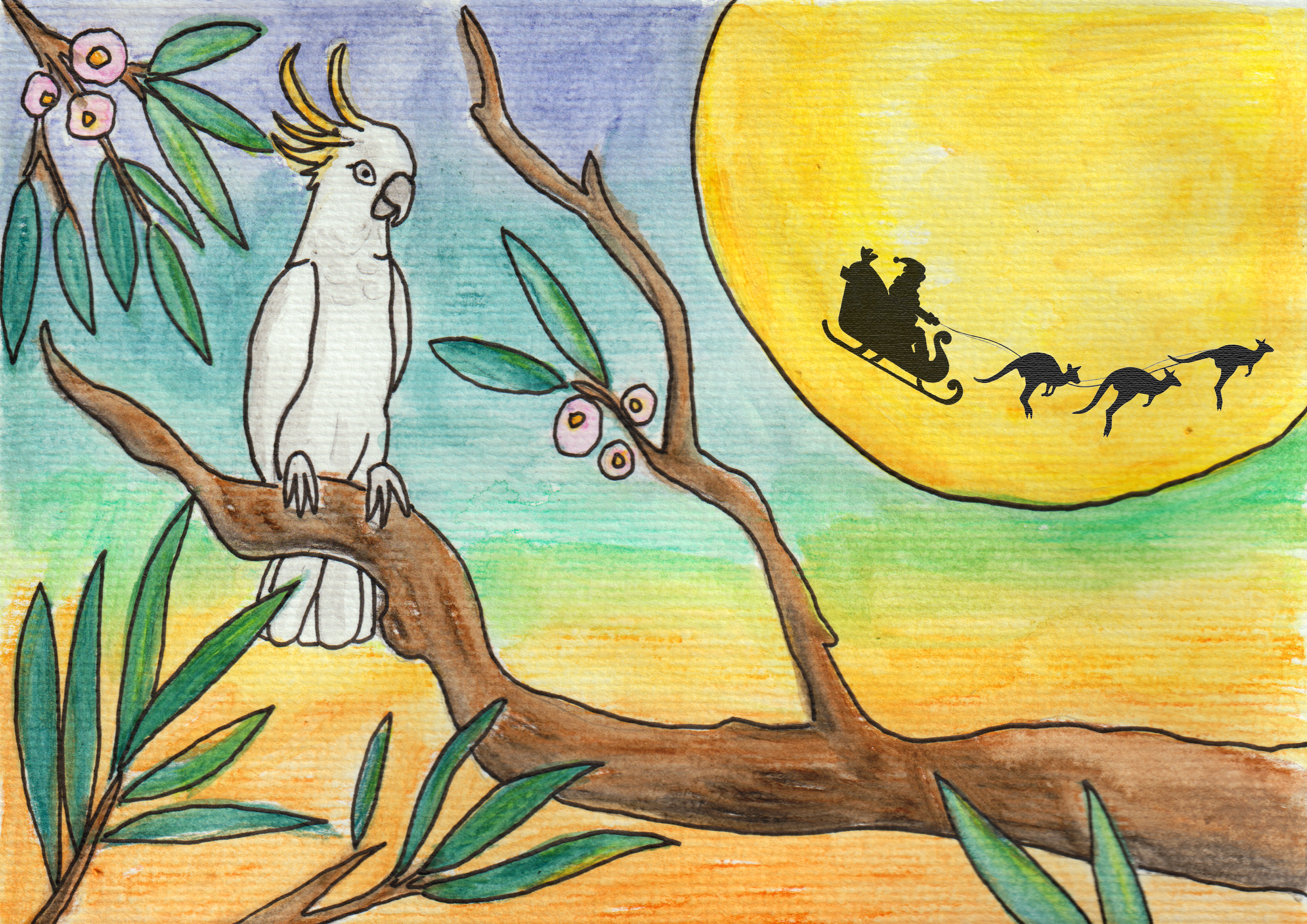 Cockatoo perched on a brand with Santa and his kangaroo boomers flying across a full moon